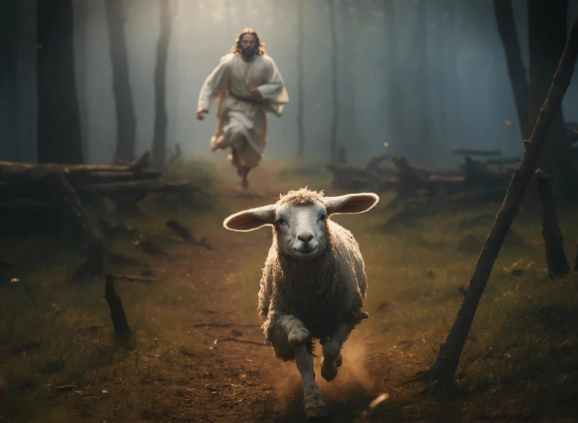 A shepherd pursuing the one sheep through the forest