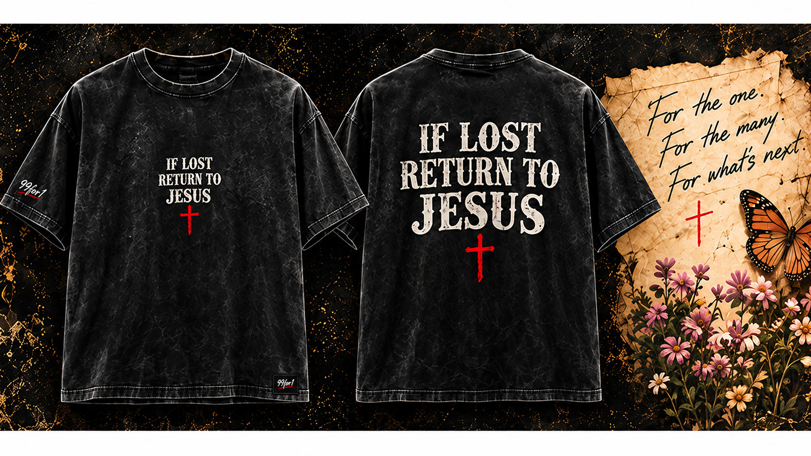 99for1 If Lost Return to Jesus washed black shirt, front and back, single red cross, sleeve logo, and woven hem tag